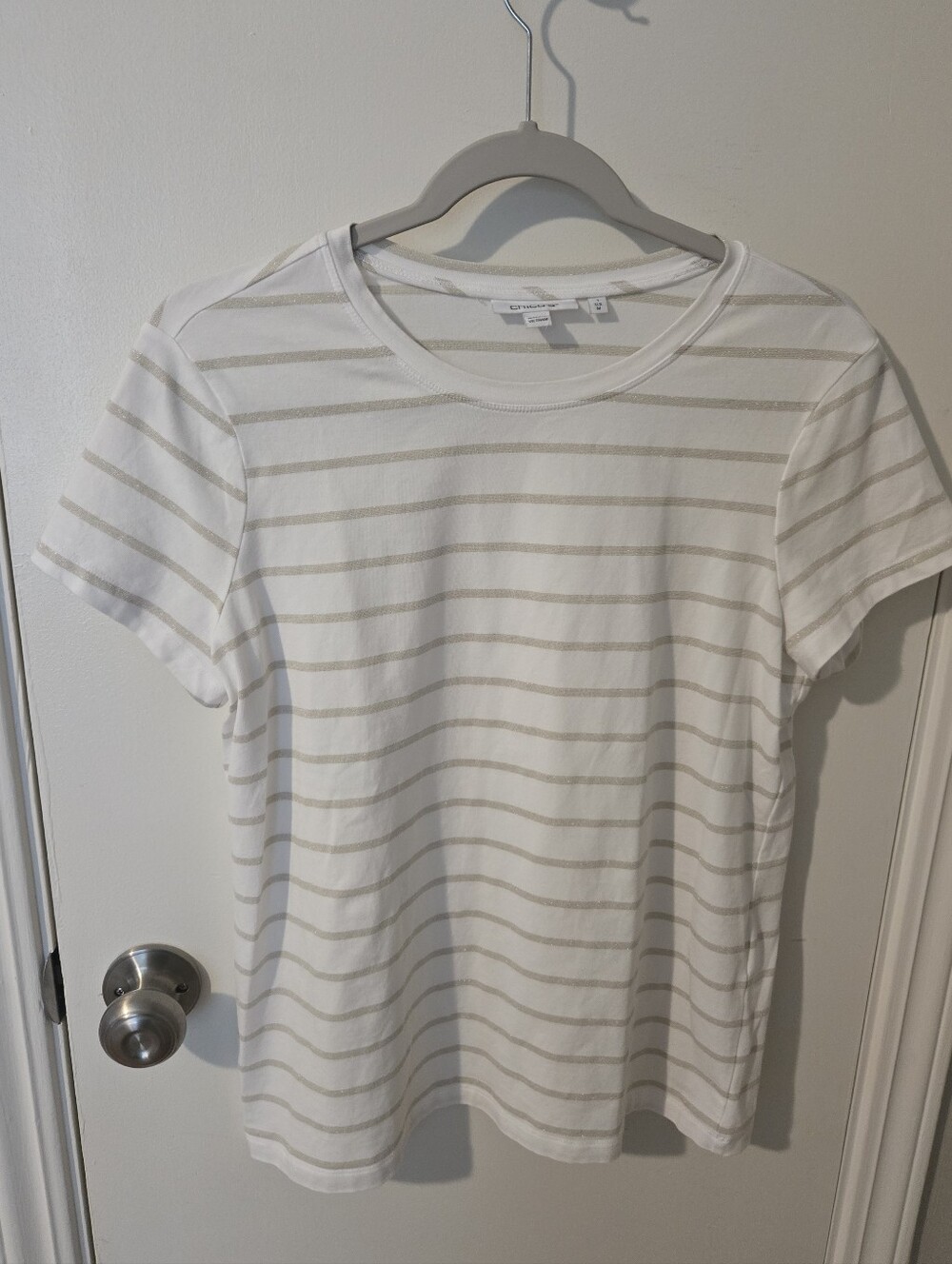 Chico's Striped Crewneck Tee in White With Gold Metalic Stripes